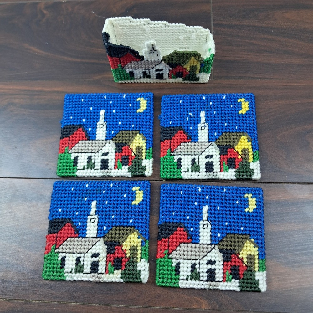 Vintage Plastic Canvas Coaster Set Village Church Scene Handmade‎ Needlepoint